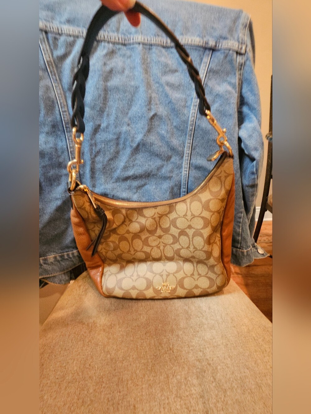 Coach Signature Canvas Hobo Bag in Beige and Saddle Brown with Black Strap